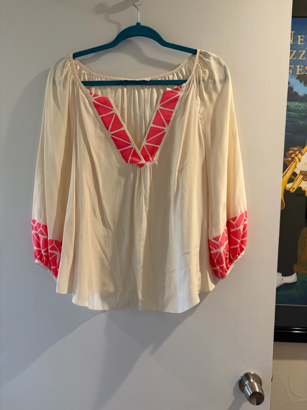 Alice & Trixie Cream Peasant Blouse with Pink Geometric Trim